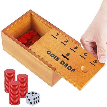 Juegoal Coin Drop Set, Pennies Dice Games, Wooden Tabletop Board Game Sets for 2-6 Player, Wood Penny Game Box Includes 48 Chips & 1 Dice