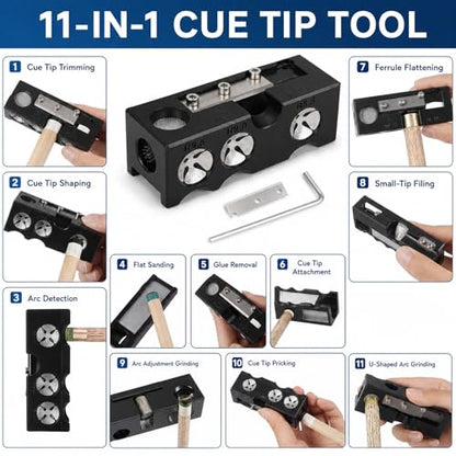 11-in-1 Cue Tip Shaper, Billiards Pool Cue Repair & Replacement Kit | 11 tools in one, shapes tips, removes mushrooming, sands, holds glue, replacement tips included, compact case