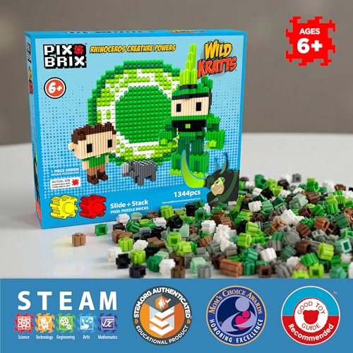 Pix Brix - Wild Kratts Toys Pixel Art Kit - Rhinoceros Creature Powers, 1344 Pieces - Patented Slide + Stack Pixel Puzzle Building Bricks, Build & Collect Wild Kratts Animals - Stem Toys, Ages 6 Plus - style: Rhinoceros Creature Powers