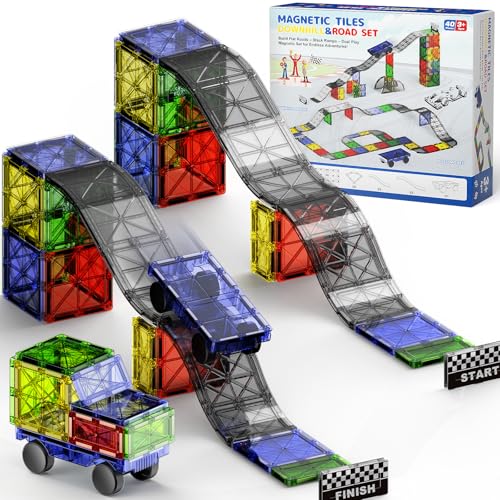 WMXDU 2-in-1 Dynamic Magnetic Downhill & Race Track Set - 40PCS Expandable Magnetic Tiles with Car for Creative STEM Play The Ultimate Travel Toy & Gift for Kids Ages 3-8 (40pcs-Race Set) - style: 40pcs-Race Set