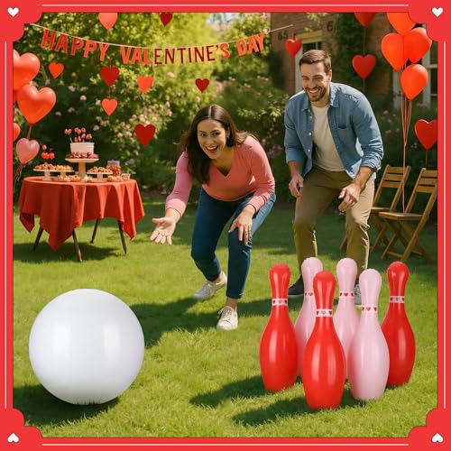 Lunmon 11 Pcs Easter Giant Inflatable Bowling Set 27 Inch Carrot Pins with 23 Inch Bowling Ball Indoor Outdoor for Adults Easter Party Yard Indoor Outdoor Games Supplies(Valentine's Day) - style: Valentine's Day