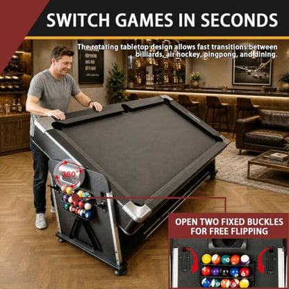 4-in-1 Multi Game Table – Pool Table,Air Hockey Table,Ping Pong Table & Dining Table Combo with Flip-Top Design,Includes Full Accessories.7ft Billiard Tables for Living Room,Bar,and Game Room. - color: Black