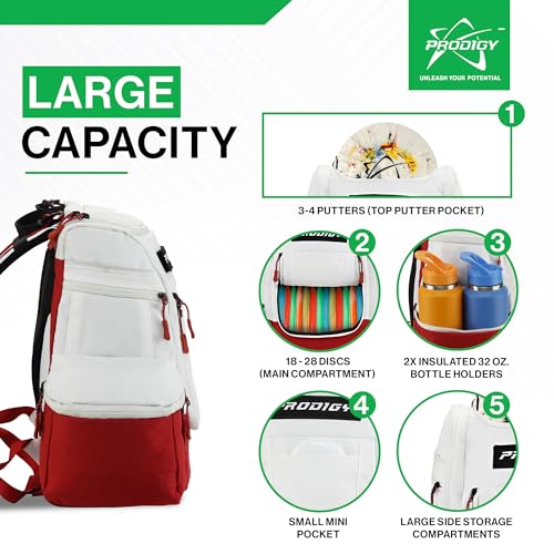 Prodigy Disc Apex XL Disc Golf Bag | Large Disc Golf Backpack | Store 34+ Discs | Premium Big Disc Golf Bags with Cooler - color: Red & White