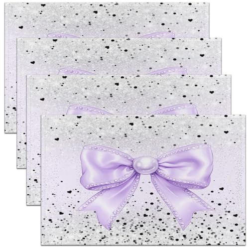 Cartoon Bowknot Kids Placemats Set of 4,Dot Love Heart Geometric Patchwork Table Place Mats,Bow Tie Princess Dreamy Kitchen Decor,Black Purple Placemat Kitchen Table Decoration 12"x18" - color: Black Purple