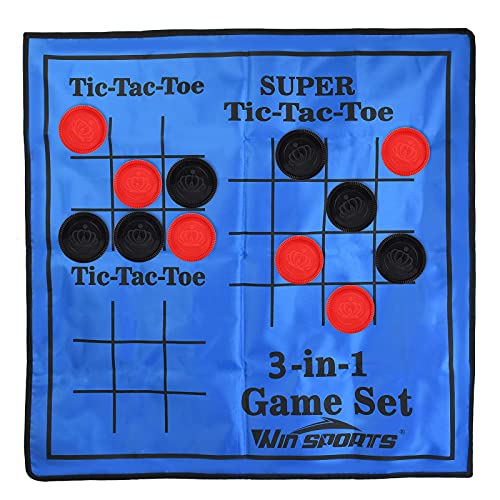 Win SPORTS 3 in 1 Giant Checkers Game Set,Super Tic Tac Toe,Including Reversible Rug with 24 Checkers,Indoor and Outdoor Activity for Kids or Adults,Board Game,Yard Game - style: Summer