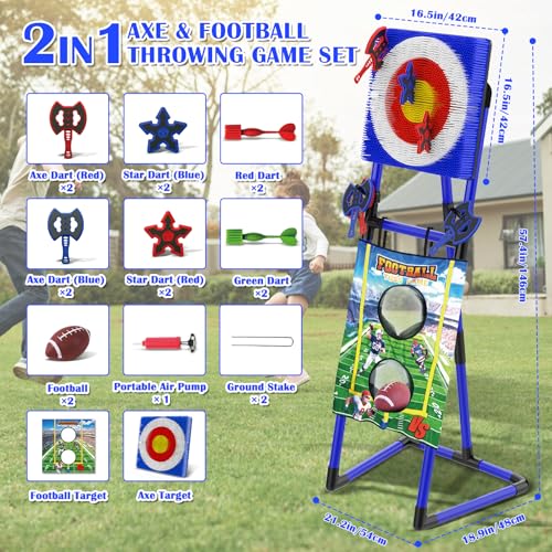 VATOS 2-in-1 Axe & Football Throwing Game Set, Bristle Axe Toss Target with 16 pcs Safe Darts, Portable Outdoor & Indoor Backyard Games for Teens and Adults, Lawn Carnival, Camping Party Toy Gift