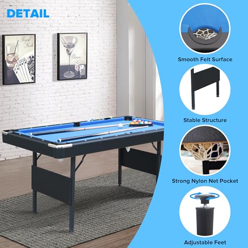 Ditkoko Billiard Table, 64" Folding Pool Table with with Balls, Cues, Chalk, Brush and Triangle, Pool Table Set for Family Game Room, Adult Rrec Room, Basements, Man cave or Garage - color: Blue