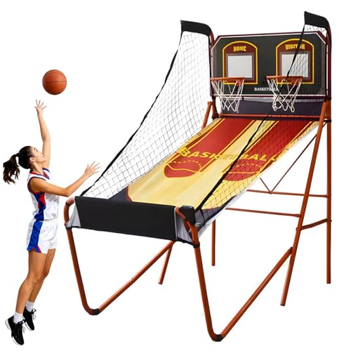 Fold Indoor Arcade Basketball Game, Dual Shot Electronic Scoring Shooting Basketball Machine with 5 No.3 Balls for Basement Game Rooms