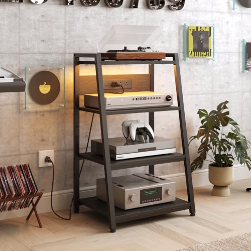 HOOBRO 4-Tier AV Media Stand with Charging Station and LED Light, Wooden Stereo Cabinet, Game Console Stand, Media Audio Tower Rack, Record Player, Small Entertainment Center, Black BB106UDCJ01