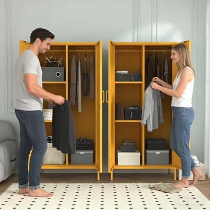 Industrial 67" Yellow Lockable Metal 2-Door Storage Cabinet, Multi-Purpose Wardrobe with Hanging Rod & Adjustable Shelves, Heavy Duty for Bedroom, Garage, Home Office 67"H X 31.5"W X 18.1"D - color: Mustard, style: Wardrobe-67"H-JS