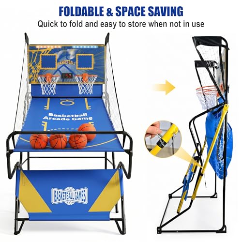 Foldable Indoor Basketball Arcade Game for Kids Teens Home (Blue) | Basketball Shooting Machine, Dual Shot 2 Player with LED Electronic Scorer 4 Balls & Pump for Adults Family Indoor Fun