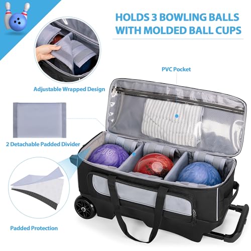 GOBUROS 3 Ball Roller Bowling Bag with Multi Accessory Pockets and Shoes Compartment, Fits 2 Pairs of Size 16 Shoes, 3 Ball Bowling Bags with Large Wheels and Retractable Handle Extends to 41.5"