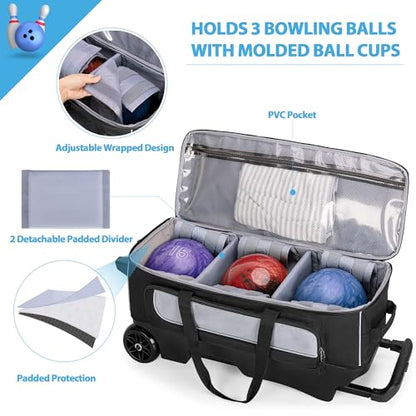 GOBUROS 3 Ball Roller Bowling Bag with Multi Accessory Pockets and Shoes Compartment, Fits 2 Pairs of Size 16 Shoes, 3 Ball Bowling Bags with Large Wheels and Retractable Handle Extends to 41.5"