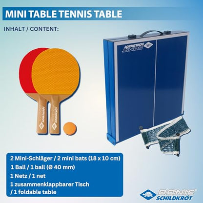 Donic-Schildkröt 838576 Mini Table Tennis Table Top Complete Set with 2 Bats and 1 Ball Foldable Plate – Briefcase Size – Blue Plate Dimensions 68 x 33 x 9 cm