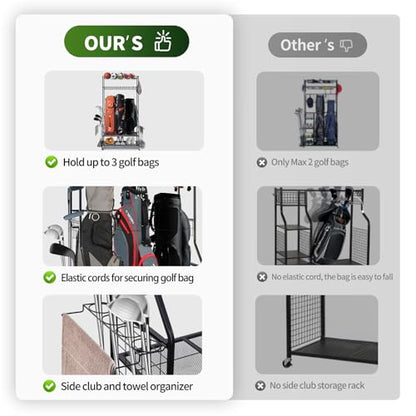 SmarketBuy Golf Bag Storage Organizer for Garage – 3 Golf Bags Rack with Wheels, Heavy Duty Steel Golf Equipment Storage Stand with Club Display Shelf & 4 Hooks, 300 lbs Capacity