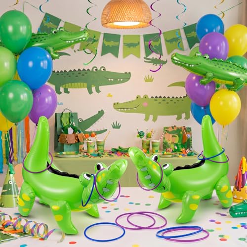 Civaner Alligator Inflatable Ring Toss Crocodile Game, Each Include 22" Inflatable Alligator Blow up Crocodile and 8 Rings, Alligators Party Decorations for Carnival Activities Safari