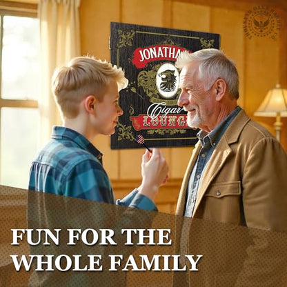 Personalized Dart Board Cabinet Set with 6 Steel Tip Darts, Paper Dartboard, Chalk & Eraser (21.5 x 21.5 x 2.75) - Man Cave Dart Boards for Adults - style: Cigar Lounge
