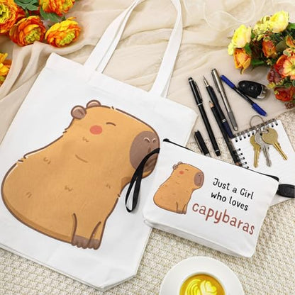 Sieral 2 Pcs Animal Lover Bag Gift for Women Travel Canvas Tote Portable Zipper Pouch Canvas Reusable Grocery Tote - style: Capybara