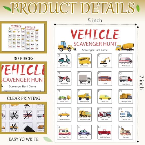 Hoolerry 30 Pcs Scavenger Hunt for Kids Road Trip Game Car Spring Summer Wedding Scavenger Hunt Cards Travel Activities Camping Games Outdoor Indoor Seek Activity for Kids Adults (Vehicles) - style: Vehicles