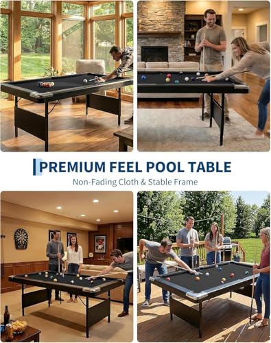 6,7 Foot Foldable Pool Table, Portable Billiards Table with Full Accessories Set, No Assembly, Metal k-Shaped Legs, Includes 16 Balls, 2 Cue Sticks, Chalk, Rack & Brush, Game Room Table for Home, Apar - size: Black-6FT