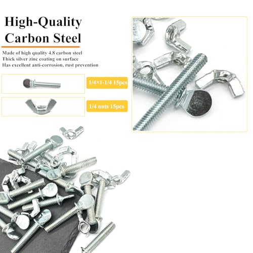 15 Sets 1/4"-20 x1-1/4 Thumb Screw Bolts and Wing Nut Kit Zinc Plated Finger Tight Racket Screw and Nut Tool-Free Racket & Sports Equipment Hardware Fitting Fastenings Assortment Kit - size: 15 Sets 1/4"-20 x1-1/4" ThumbScrews&WingNuts