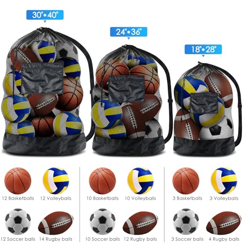 BROTOU Thickened Extra Large Sports Ball Bag Mesh Socce Ball Bag Heavy Duty Drawstring Bags Team Work for Holding Basketball, Volleyball, Baseball, Swimming Gear with Shoulder Strap - size: 18" x 28"