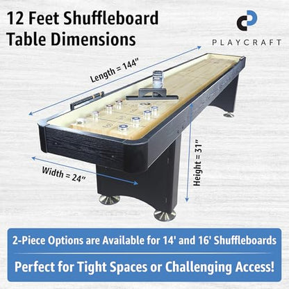 Playcraft Woodbridge Shuffleboard Table with Storage Cabinet - Shuffle Board Game Table Set with Matching Abacus, 8 Pucks, Brush & Wax (Made in USA) - Pro Style Climate Adjusters - color: Black, size: 12 Feet - 1 Piece