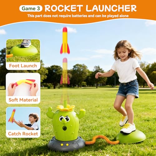 Rocket Launcher Toy Set for Kids Ages 3-8, 4-in-1 Cactus Outdoor Play Set with Ring Toss, Baseball & Skip It – Outdoor Backyard Sports Toys for Boys and Girls, Educational Active Play Gift