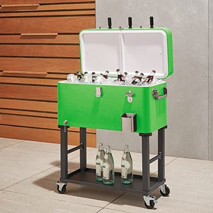 TRINITY 80 Quart Beverage Cooler and Ice Chest with Foosball Table Top and Bottle Opener, Rolling Cart with Storage Shelf, Detachable Tub Design, 96 Can Capacity, Includes Protective Cover - color: Electric Green