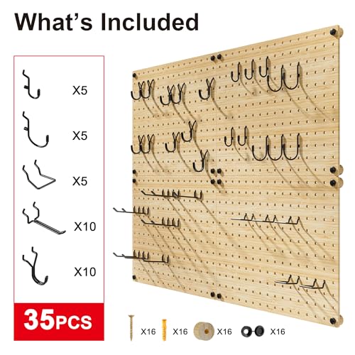 VOIMO Bamboo Peg Board, Eco-Friendly Pegboard Organizer Set with 35 Hooks – Wall Mounted Storage Rack for Kitchen, Tools, Crafts, Garage & Office – Pegboards System for Home Organization - size: 16'' X 12'' (4 Panels)