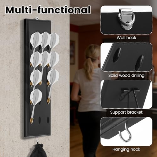 Wall Mounted Dart Holder with Storage Bag 15 Hole Wooden Dart Storage with Metal Hook and Rear Stand for Game Room and Bar