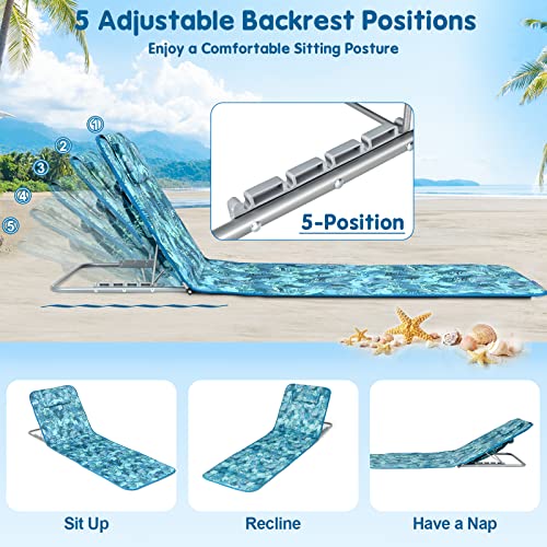 Goplus Beach Chairs with Side Table, 2 Pack Folding Lounge Chairs for Adults, with 5 Adjustable Position, Backpack Lightweight Reclining Lounge Chair for Lawn Camping Picnic Sunbath Pool (Blue&Green) - color: Blue&green