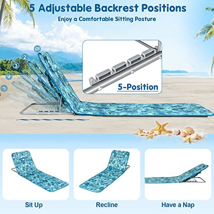 Goplus Beach Chairs with Side Table, 2 Pack Folding Lounge Chairs for Adults, with 5 Adjustable Position, Backpack Lightweight Reclining Lounge Chair for Lawn Camping Picnic Sunbath Pool (Blue&Green) - color: Blue&green
