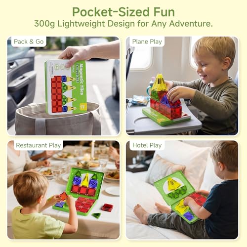 Travel Magnetic Tiles for Kids Car Games: 26 PCS Mini Magnet Building Blocks in Tin Box to Stop Crying - 0.64 lb Pocket Size Educational Toy - Road Trip Essentials - Boys Girls Age 3-8 - style: Green 26PCS