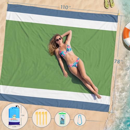 BYDOLL Beach Blanket Waterproof Sandproof Large Sand Free,78''X81''/10'X9' Oversized Sandless Lightweight Blanket Picnic Mat for Beach Travel Camping Hiking with Stakes - color: Army Green, size: 78"X110"