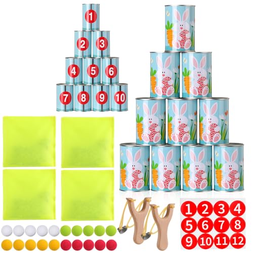 37 Pcs Party Knockdown Can Games Set 2-in-1 Bean Bag Toss and Slingshot Shooting Game with Metal Cans Bean Bags Slingshots Foam Balls for Family Gatherings Carnival