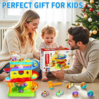 Funwee 2-in-1 Light Up Rolling Ball & Racing Car Ramp Toddler Toy, Race Track Hammer Ball Drop Toys, Interactive Montessori Learning Game for Kids 1-5+ Year Old Girl Boy Gift(Yellow) - color: Yellow