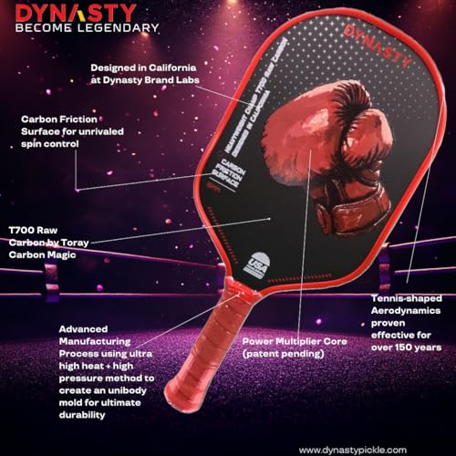 Dynasty Heavyweight/Feather T700 Triple-Layer Raw Carbon Fiber + Friction Surface 16mm Aero *Gen 3.5 All-Court Power Pickleball Paddle* / Hall of Famer 18K *Control+Spin* - color: Heavyweight T700 Red Crimson