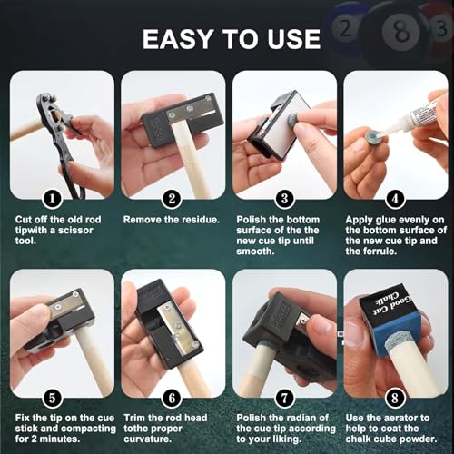 22 pcs Pool Cue Tips Replacement Kit, 8-in-1 Billiards Pool Cue Tip Shaper, Portable Pool Cue Repair Accessories for Replacement and Shaping Cue Tips for Billiards Enthusiastsm