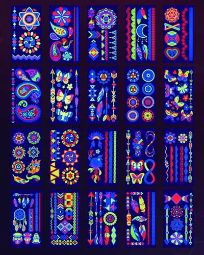 Ozepao 20 Sheets Glow in The Black Light Temporary Tattoos, Glow Party Supplies for Adults and Kids, 160+ Neon UV Glow Fluorescent Designs, Perfect for Neon Raves, Festivals, Birthday Parties and More