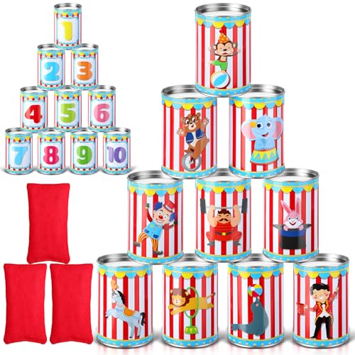 13 Pcs Carnival Can Game Bean Bag Toss Carnival Games with 10 Tin Cans and 3 Bean Bag for Easter Outdoor Family Party Birthday Indoors Outdoors Activities - style: Vivid Style
