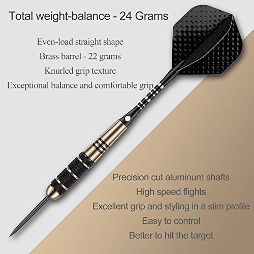 Steel Tip Darts Set for Dartboard, Professional Brass Darts Metal Tip Black Purple Aluminium Nylon Shafts 9 Flights 50 Rubber O-Rings 12 Spring Rings 1 Dart Sharpener Tool 24/27 Grams - color: 24g Black