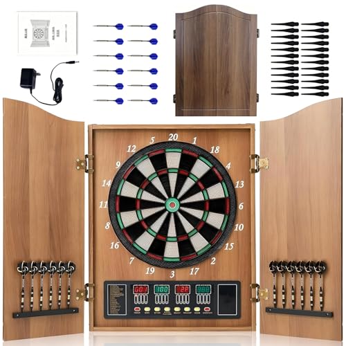 Electronic Dart Board Cabinet Set, Double Wood Door Panel Electric Darts Machine with LCD Display, Digital Scoreboard, Wall-Mounted Machine Includes Soft Darts for Family Game Room Clubs Events - color: Brown