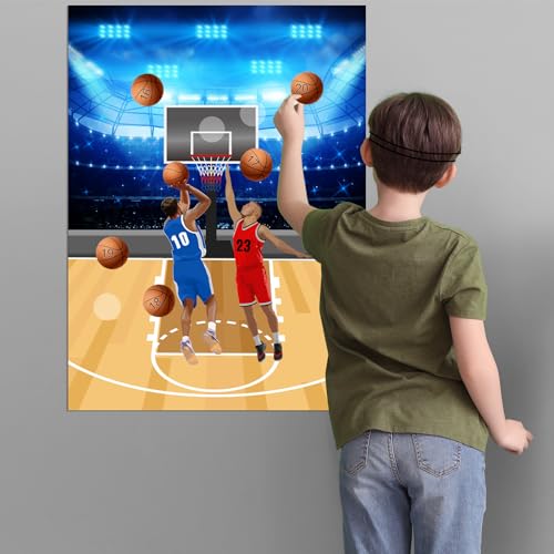 PLULON Basketball Party Game for Kids Pin The Basketball on The Hoop Game Basketball Poster with Basketball Stickers for Boys Girls Birthday Party Wall Decorations Classroom Activities - style: basketball