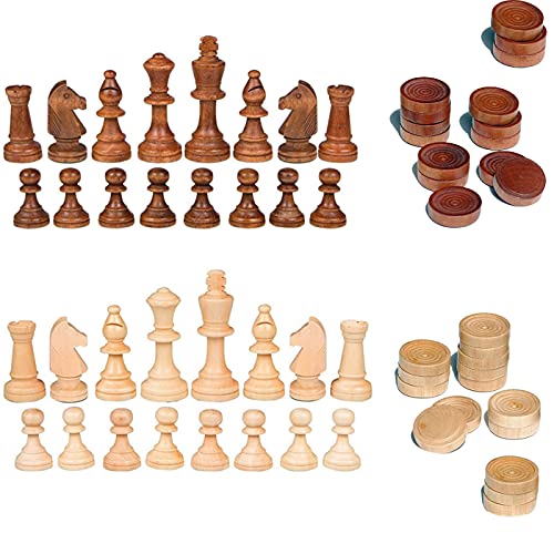 2 in 1 Chess Pieces Wood Chess Pieces + Checker Pieces Without Board (3.5 inches)