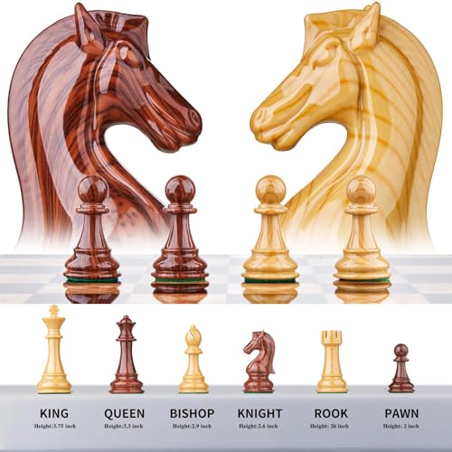 AMEROUS 17 inches Wooden Chess Set with High Polymer Weighted Chess Pieces / 2 Built-in Storage Drawers / 2 Extra Queens / 3.75'' King, Classic Board Game