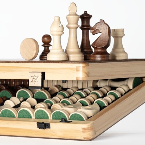 A&A 15" Magnetic Wooden Chess Set/Folding Board / 3" King Height German Knight Staunton Chess Pieces/Mahogany & Maple Inlaid /2 Extra Queen