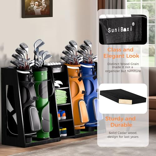 SuniBoxi Golf Organizer for Garage, XL Wooden Golf Bag Storage Rack for 4 Bags, Clubs, Balls & Equipment, Heavy-Duty Golf Bag Holder, Ideal Gift for Golfers, Dad, Husband(4 Bags,Dark Black) - size: 4 Bags