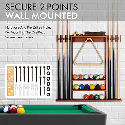 XCSOURCE Pool Cue Rack Only, Pool Stick Holder Wall Mount, 6 Pool Billiard Stick + Ball Set Pool Cue Holder, Pool Table Accessories for Billiard Room Man cave - color: Cherry, 6 Pool
