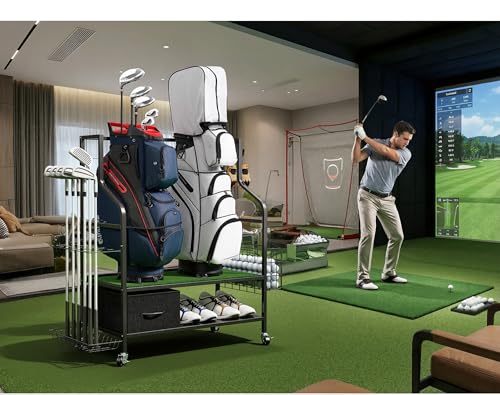 Golf Bag Organizer Storage Rack, Rolling Golf Storage Organizer for Garage, Golf Equipment Holder with Wheels, Turf Mat, Carbon Steel - size: 31.5 in (L) x 15.8 in (W) x 37.4 in (H)